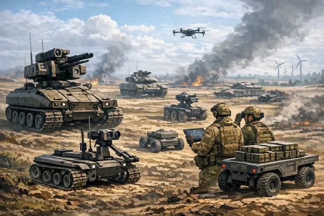 A conceptual illustration of military unmanned ground vehicles deployed on a battlefield, representing Ukraine's 2026 UGV army