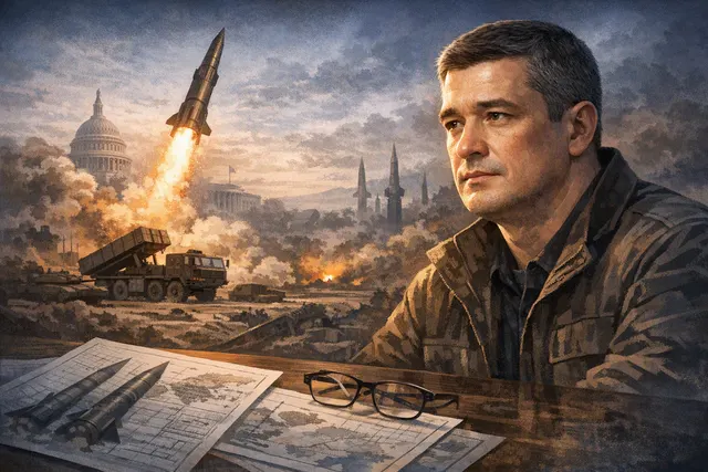 Mykhailo Fedorov, former Ukrainian Defense Minister, speaking at a press conference in Kyiv, with a map of Ukraine in the background. AI-generated editorial hero image.