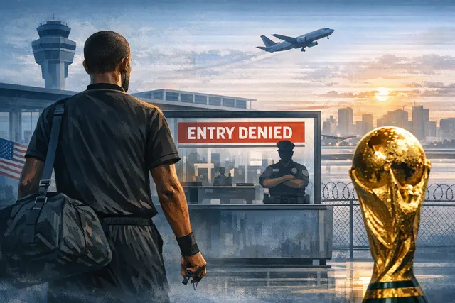 Somali referee Omar Artan with a U.S. flag and World Cup imagery, representing his denied entry to the 2026 tournament amid immigration and security controversy.