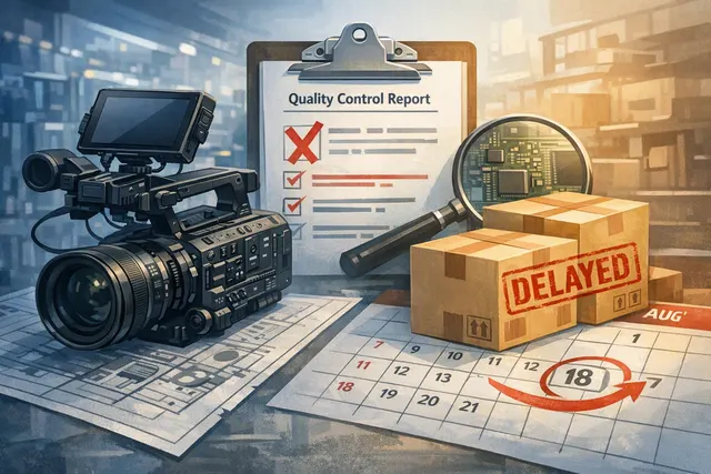 Sony FX5 cinema camera with a dramatic backdrop representing delays caused by quality control, earthquake, and demand