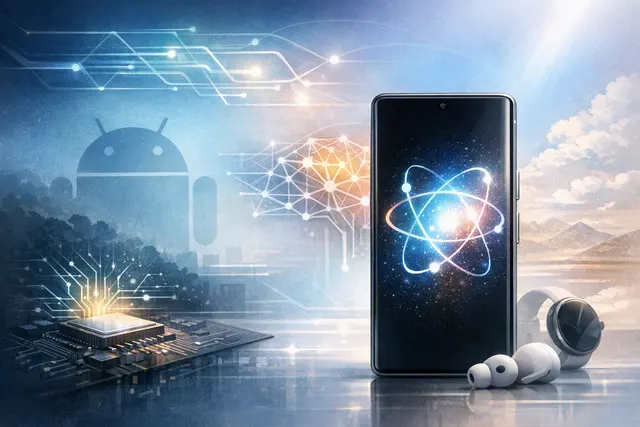 Illustration of Google Pixel 11 phones surrounded by glowing Gemini AI light effects