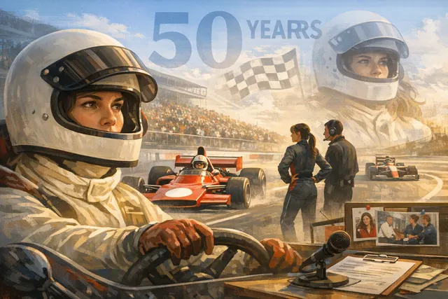 Silhouette of a female racing driver in a Formula 1 car against a dramatic sunset track scene, marking 50 years since a woman last competed in an F1 grand prix.