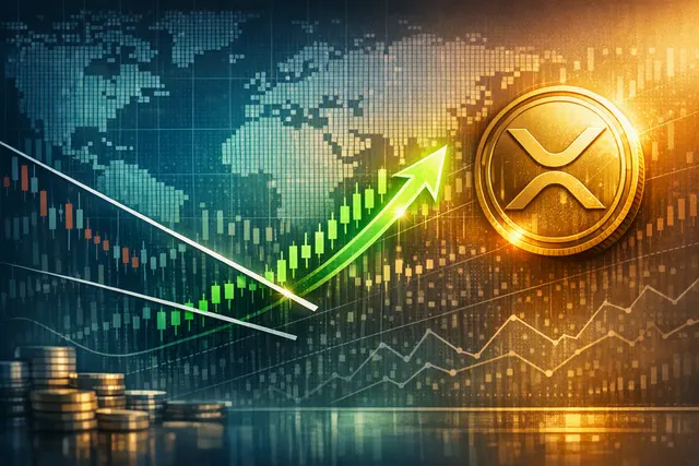 Editorial illustration of XRP rising through a descending market trendline