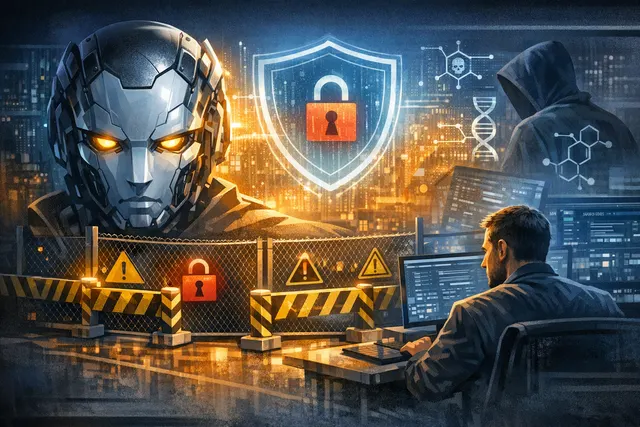 A conceptual illustration of a locked digital shield representing AI safety guardrails, with glowing data streams being filtered and diverted, set against a dark cybersecurity-them