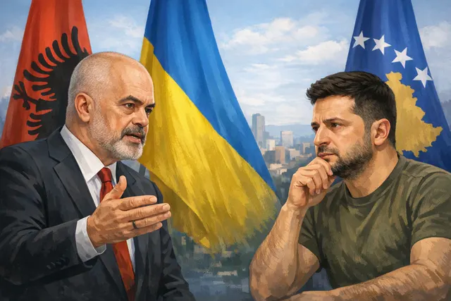 Albanian Prime Minister Edi Rama speaking at a podium with lectern, in a dark suit, addressing the media