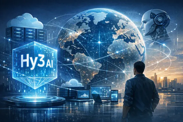 Tencent Hy3 AI model global rollout illustration showing international access through WorkBuddy, Miora, and TokenHub platforms