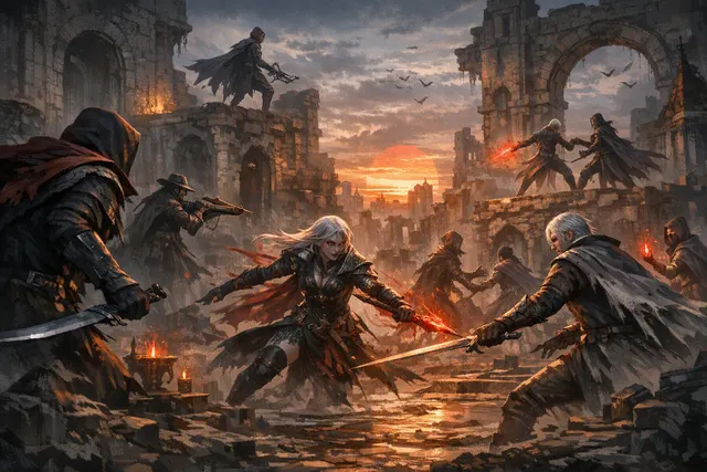 Illustration of vampiric Bloodsworn warriors competing in The Duskbloods beneath a red moon