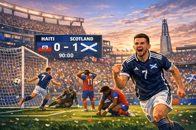 John McGinn celebrates with teammates after scoring the winning goal for Scotland against Haiti in a 2026 World Cup Group C match at Gillette Stadium, securing a historic 1-0 victo