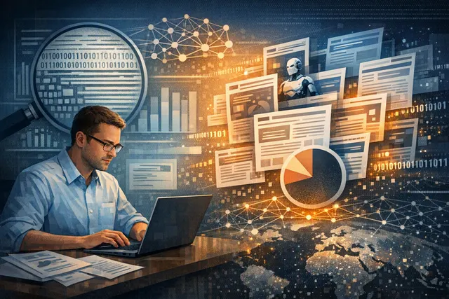 Abstract illustration of webpages, AI text signals and automated web traffic
