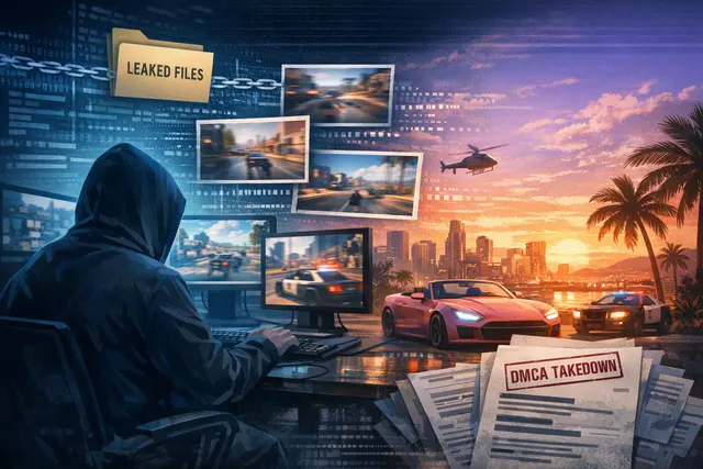 Illustrated editorial image representing the alleged Cyberleek GTA 6 gameplay and Leonida map leak