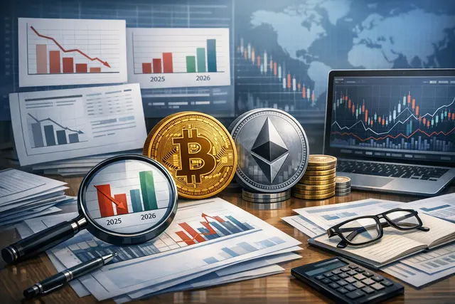 Editorial illustration of a chart showing a steep decline in BlackRock IBIT and ETHA ETF flows, with a Bitcoin visual in the background