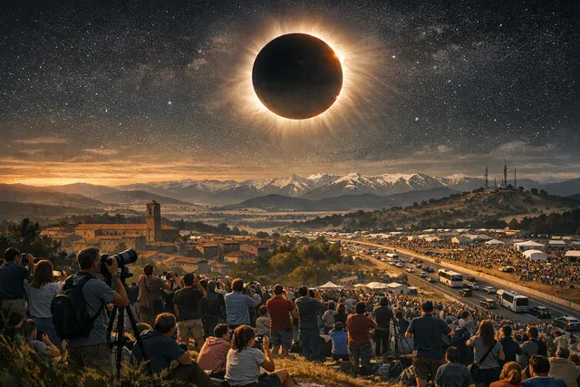 Artistic rendering of a total solar eclipse with the sun's corona visible against a dark sky above a Spanish landscape