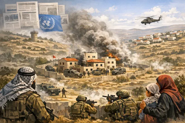 Palestinian houses besieged by Israeli settlers in Qusra village in the Israeli-occupied West Bank, August 2026.