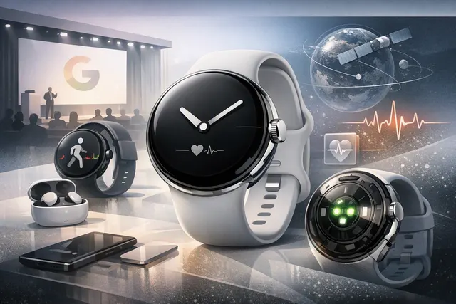 Google Pixel Watch 5 on a wrist displaying the watch face, with a focus on its health monitoring and Gemini AI features.