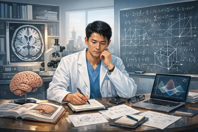 An artistic conceptual image representing AI and mathematics—a glowing neural network pattern overlaid on a chalkboard filled with complex equations and matrix notation.
