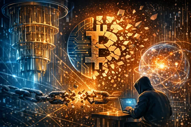 Conceptual image representing quantum computing threats to blockchain encryption, with cryptographic symbols and quantum circuit patterns on a dark digital background.
