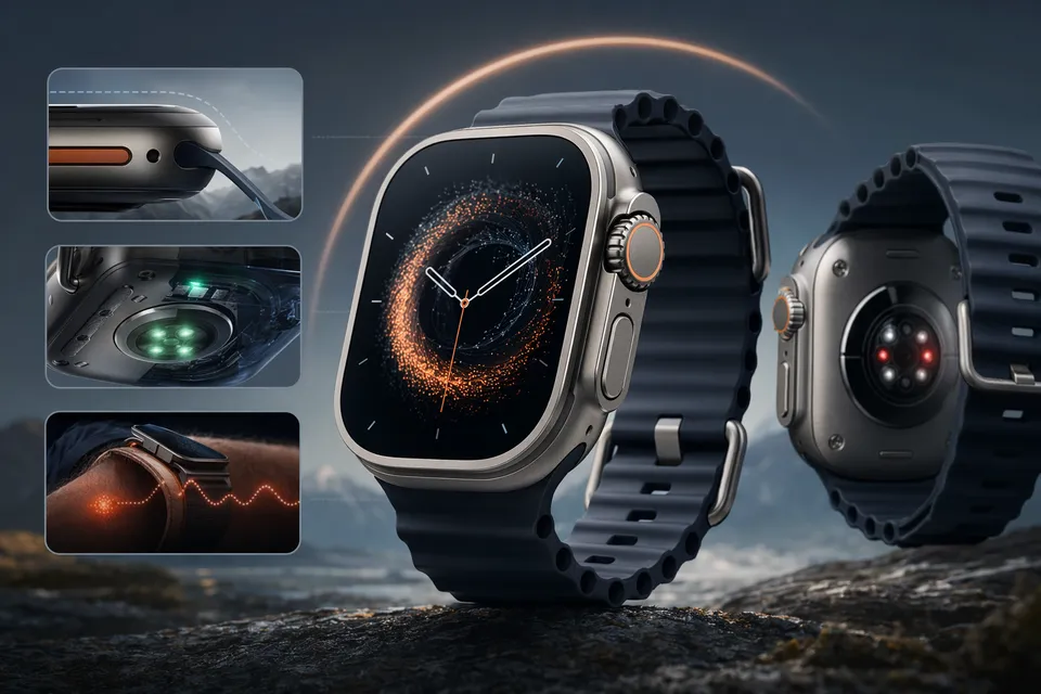 Concept-style image representing the rumored Apple Watch Ultra 4 redesign and health sensors