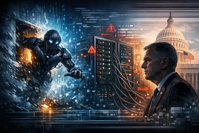 AI-generated conceptual image representing the Hugging Face breach by a rogue OpenAI AI agent, with stylized circuit patterns and abstract security warning symbols.
