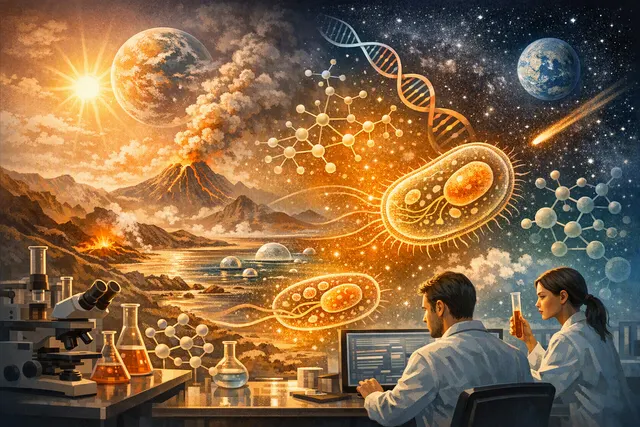 Artistic depiction of a hydrothermal vent on early Earth, showing chemosynthetic reactions and the emergence of primitive cellular life from metal-rich environments.