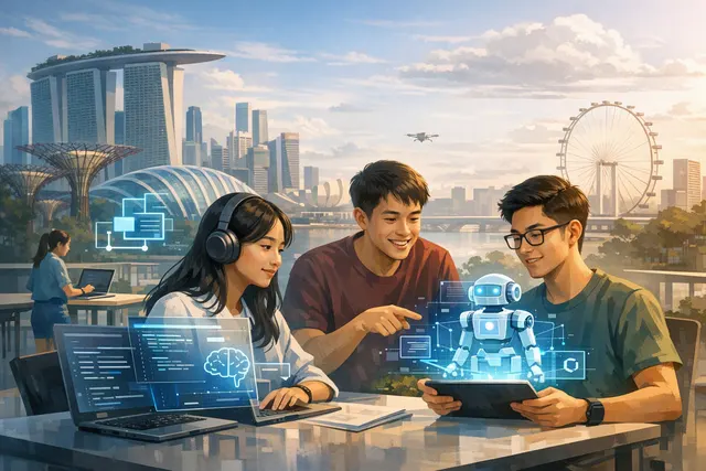 Illustration of Singapore students using AWS Kiro to build AI-powered applications