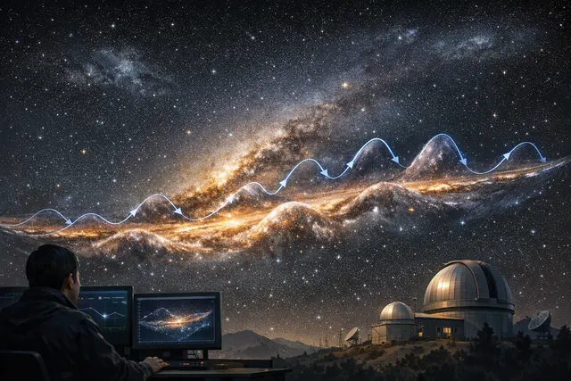 Illustration of wave-like ripples running through the Milky Way’s warped outer disk