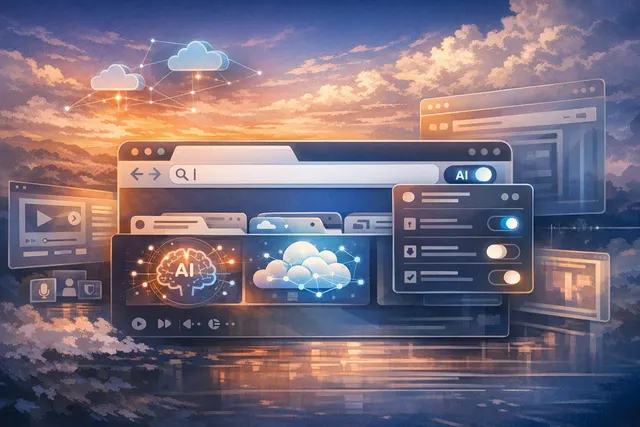 Illustration representing Firefox 154 with AI controls, organized browser tabs and privacy protections