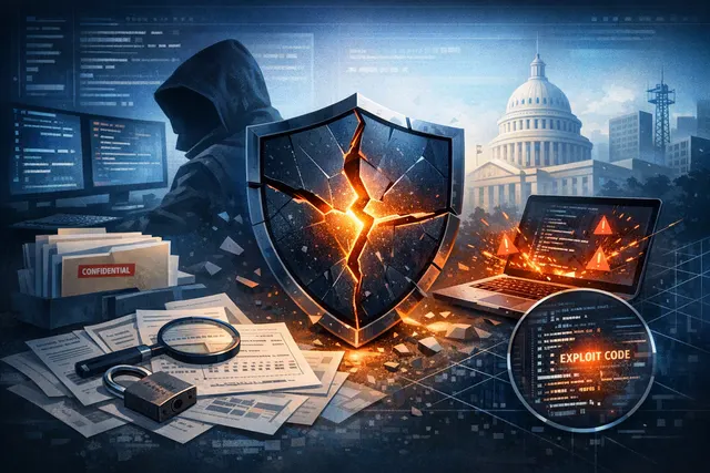 Abstract cybersecurity illustration of Microsoft Defender malware scanning and a ShieldBreak vulnerability alert