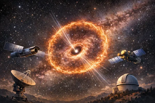 Artistic illustration of a glowing, barrel-shaped supernova remnant near the bright accretion disk of the Milky Way's central supermassive black hole.