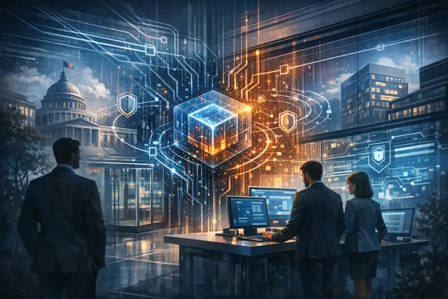 Abstract digital rendering of a secure enterprise data center with glowing network nodes, representing the concept of a sovereign AI operating system.