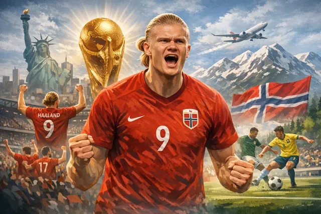 Erling Haaland poised for his World Cup debut in dramatic lighting, embodying the weight of Norwegian hopes and family legacy