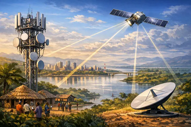 An illustration of Starlink satellites in low Earth orbit beaming connectivity to a smartphone held by a person in a remote African landscape, representing Airtel Africa's first co