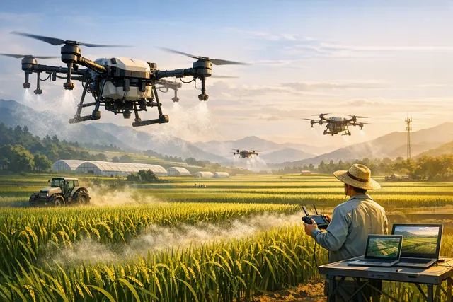 Agricultural drone flying over green farmland at sunset, symbolizing China's drone-farming boom and automated precision agriculture