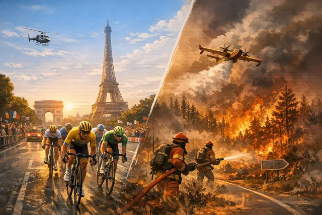 A dramatic composite image showing cyclists racing past wildfire smoke billowing in the distance, representing the 2026 Tour de France finale disrupted by wildfires.