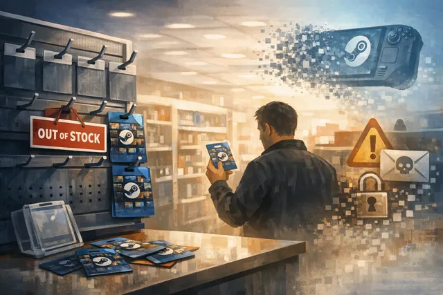 A conceptual image showing a fading physical Steam gift card on a retail shelf, symbolizing the end of Valve's physical card program due to fraud.