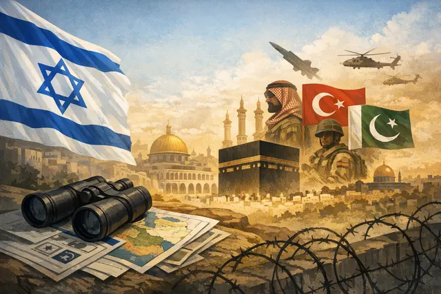A conceptual image of the Mecca Joint Defence Agreement showing a map of Saudi Arabia, Turkey, and Pakistan linked by glowing defense lines.