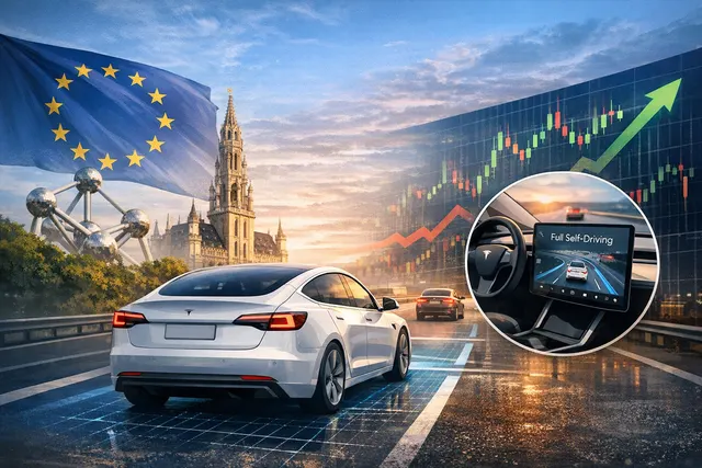 Aerial view of Tesla vehicles on a European highway with a semiconductor chip overlay, representing Tesla's FSD expansion and Terafab chip ambitions.