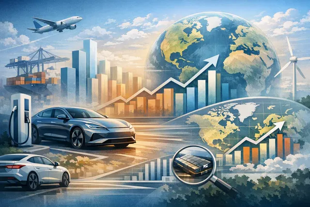 Abstract representation of EV market share data with Chinese and Korean flags, battery icons, and growth charts for H1 2026.