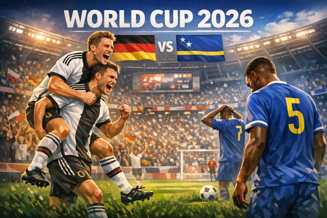 Germany celebrates a goal against Curaçao during their 7-1 World Cup group stage match at NRG Stadium in Houston on June 14, 2026.
