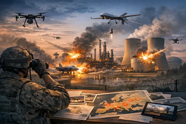 Editorial illustration of drones flying over European critical infrastructure and military sites at night