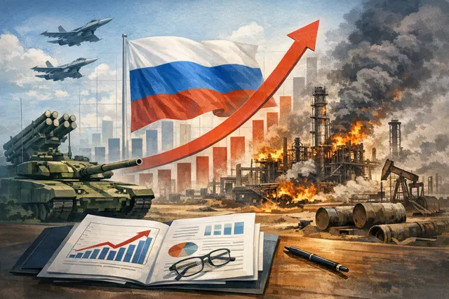 Abstract illustration of a Russian GDP growth chart with war and energy symbols overlay