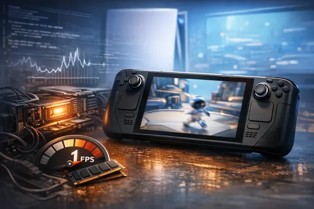 Composite image showing a Steam Deck handheld with a ghosted PlayStation 5 and SharpEmu interface overlay, representing PS5 emulation on the device.