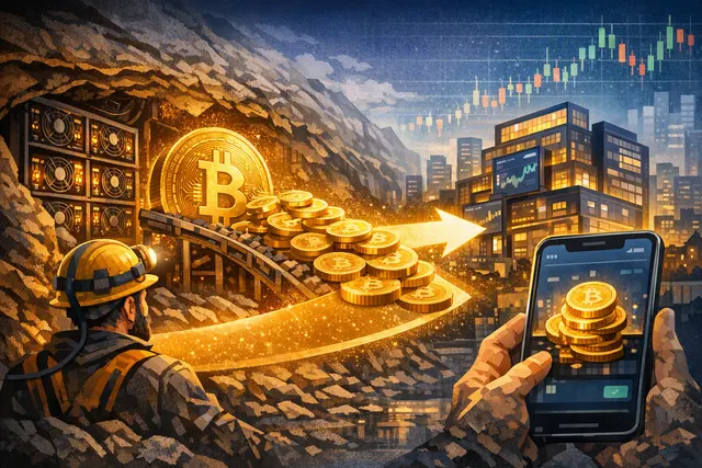 A Bitcoin-themed editorial illustration representing a suspected miner depositing 6,494 BTC to Binance