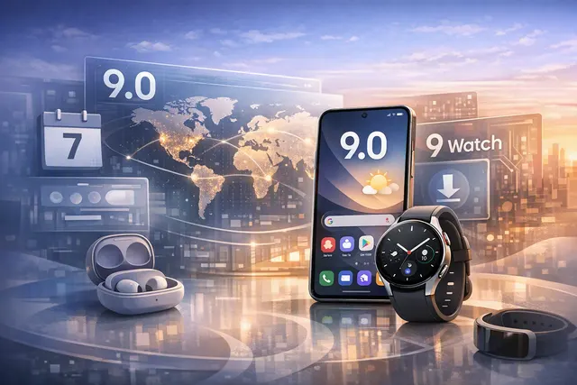 Samsung One UI 9.0 interface on a Galaxy Z Fold 8 and One UI 9 Watch on a Galaxy Watch 9, representing the August 7, 2026 global rollout