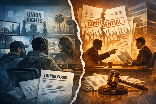 Editorial illustration of the Rockstar Games and IWGB dispute over 34 developer dismissals and the GTA 6 union-busting tribunal