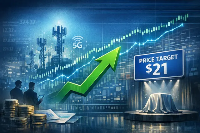 Graphic showing a rising green stock arrow over a digital network, symbolizing Nokia's AI-driven stock rally.