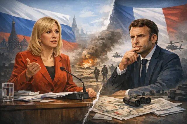 A conceptual image representing diplomatic tension between Russia and France, featuring stylized flags of Russia and France in a tense confrontation.