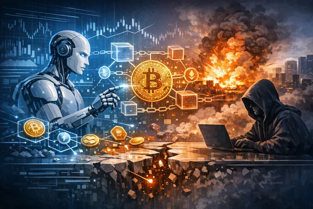 Abstract digital art showing an AI agent silhouette interacting with blockchain nodes and cryptocurrency symbols, representing autonomous threats to DeFi systems.