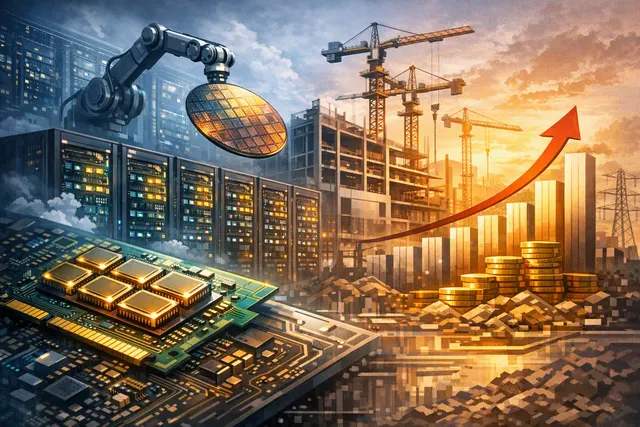 A conceptual illustration of AI infrastructure: layers of chips, power lines, and data center cooling towers stacked like a city, representing the physical bottlenecks in 2026