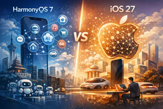 What did Huawei announce with HarmonyOS 7, and how does it compare to Apple's iOS 27 in terms of AI capabilities and market position?