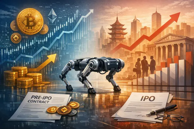 An AI-generated image representing the comparison between Unitree Robotics' official IPO valuation on the Shanghai STAR Market and the higher implied valuation from crypto perpetua